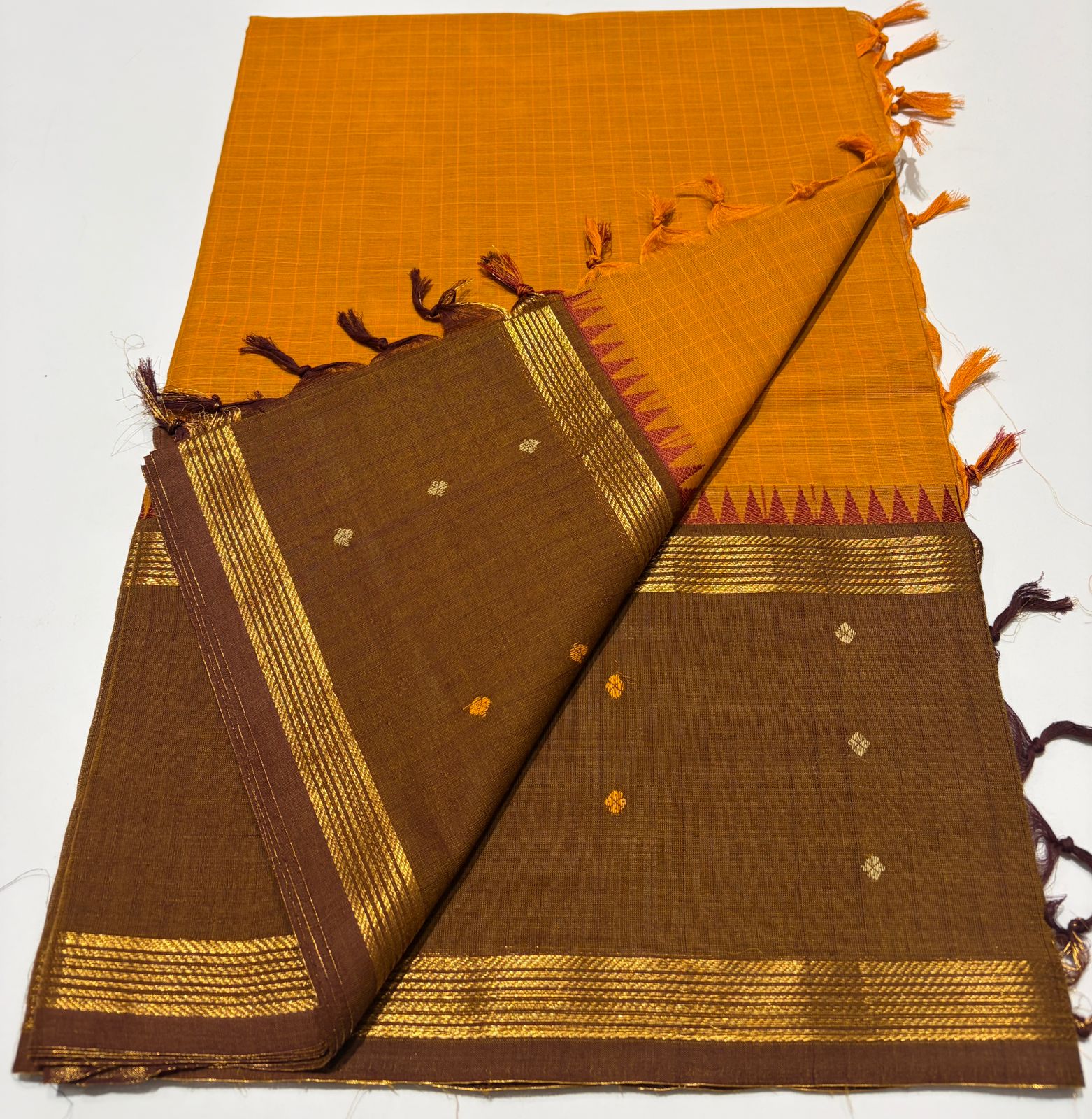 Blue body with a micro-check pattern Gadwal Cotton Silk Saree